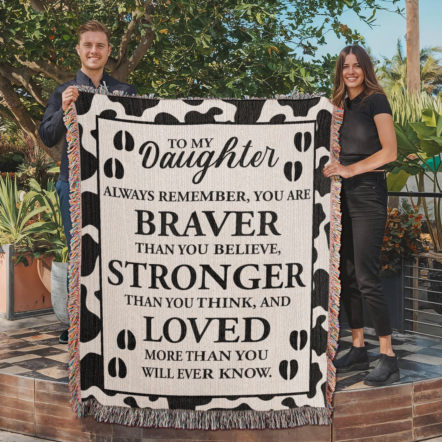 To My Daughter – Cow Print Blanket With “Braver, Stronger, Loved” Inspirational Message