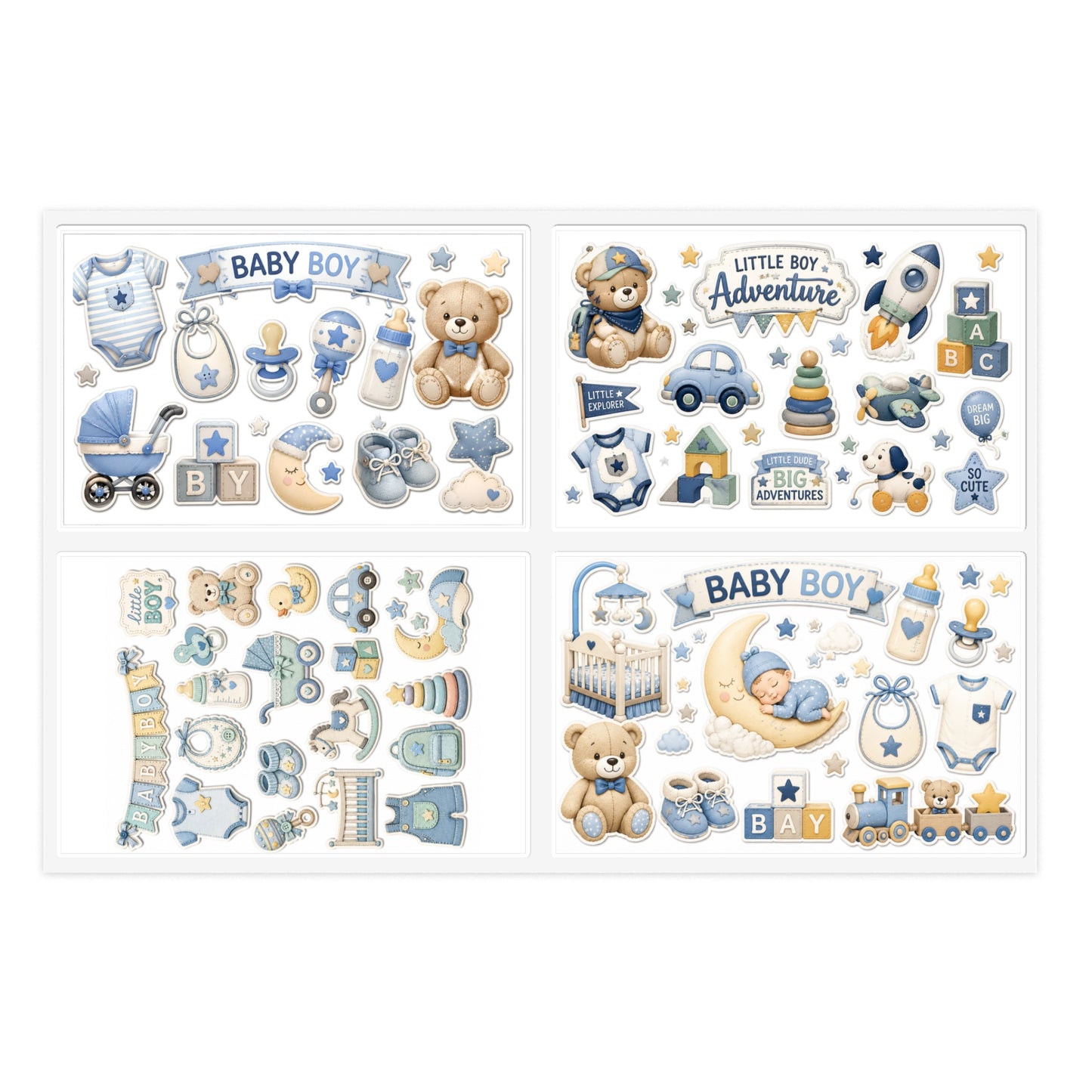 Baby Boy Sticker Sheets | Cute Nursery Icons & Teddy Bear Decals (4-Sheet Set)