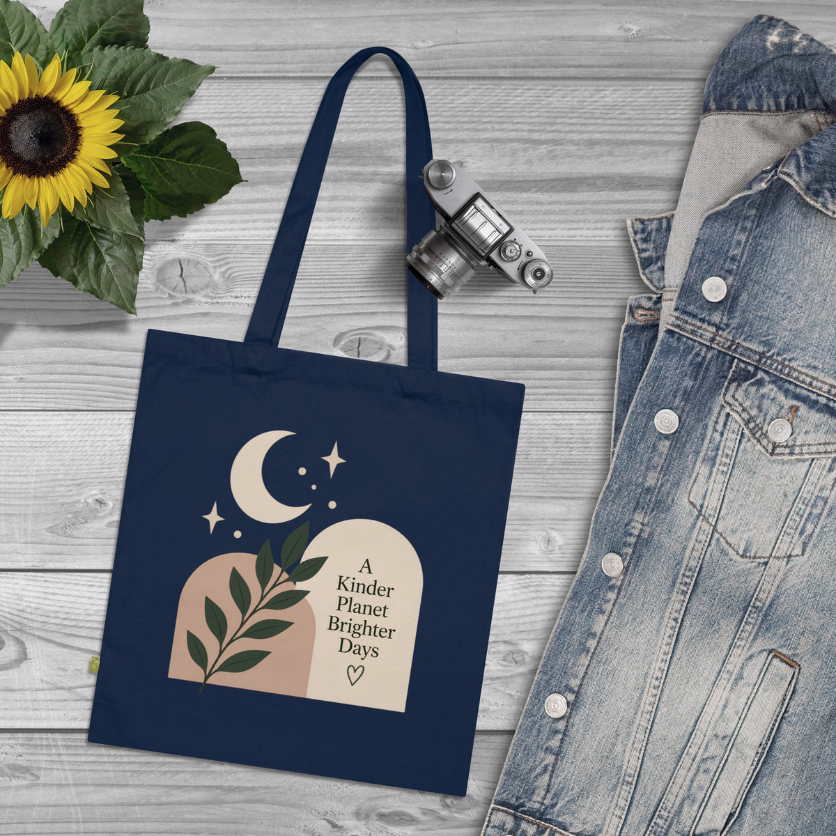Eco Tote Bag — "A Kinder Planet Brighter Days" Moon & Leaf Design