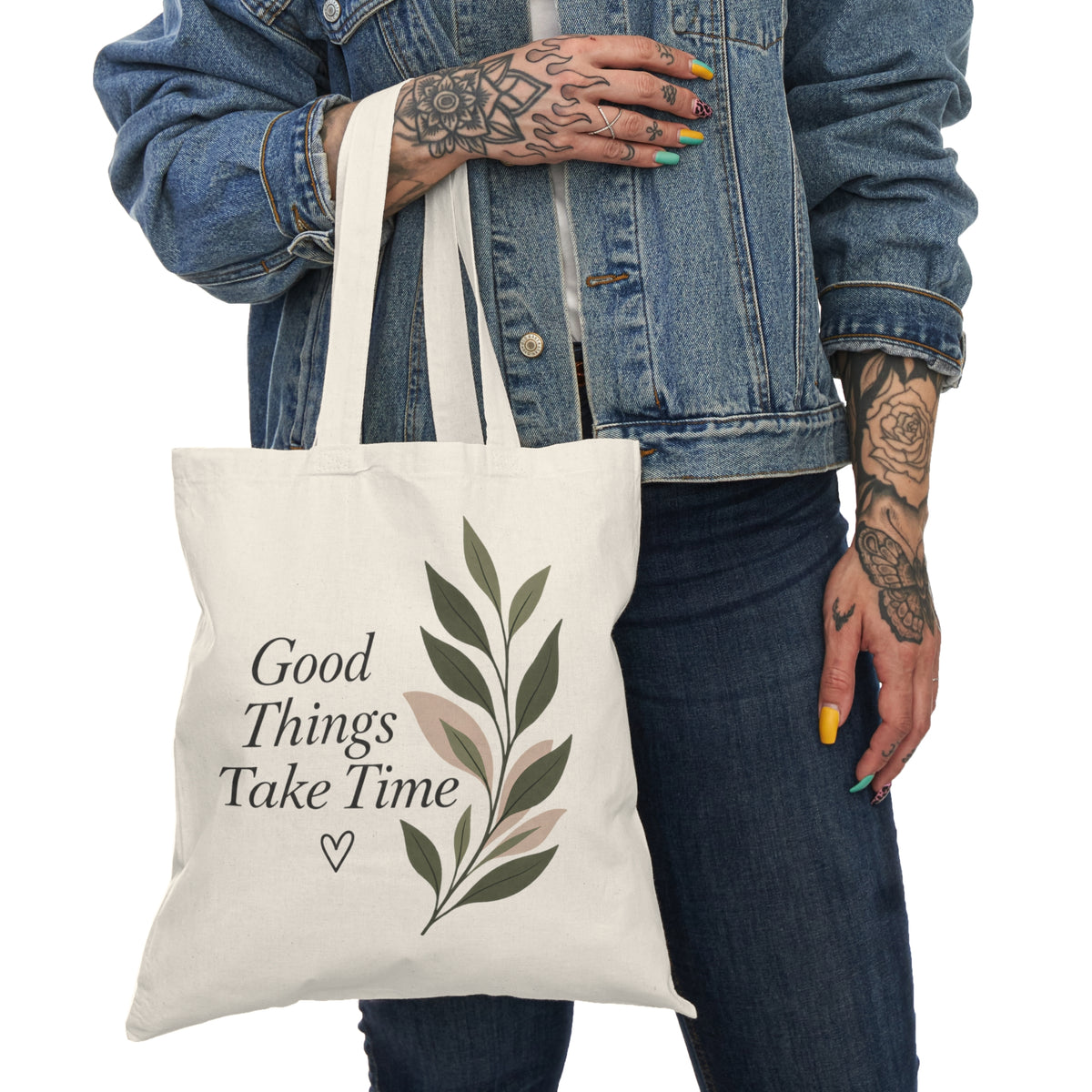 Good Things Take Time Tote Bag | Botanical Motivational Cotton Market Bag