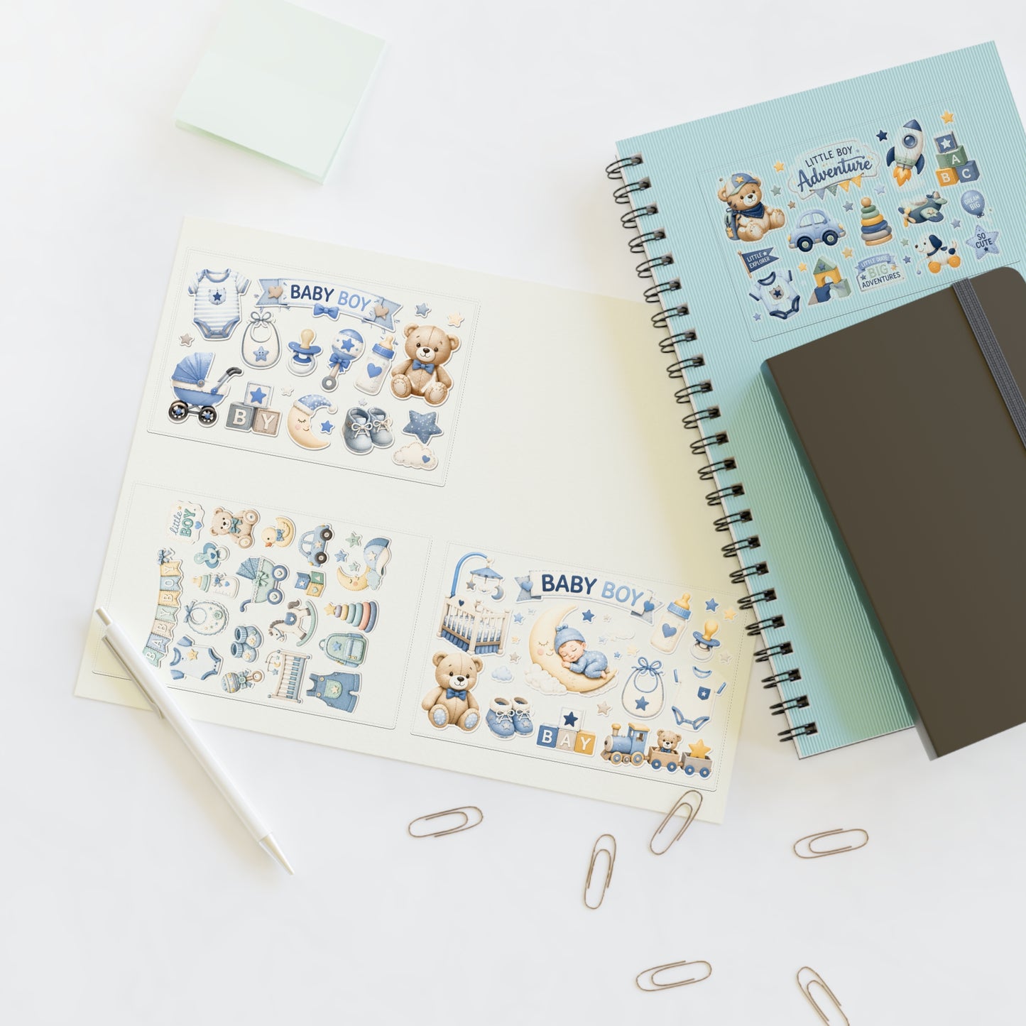 Baby Boy Sticker Sheets | Cute Nursery Icons & Teddy Bear Decals (4-Sheet Set)