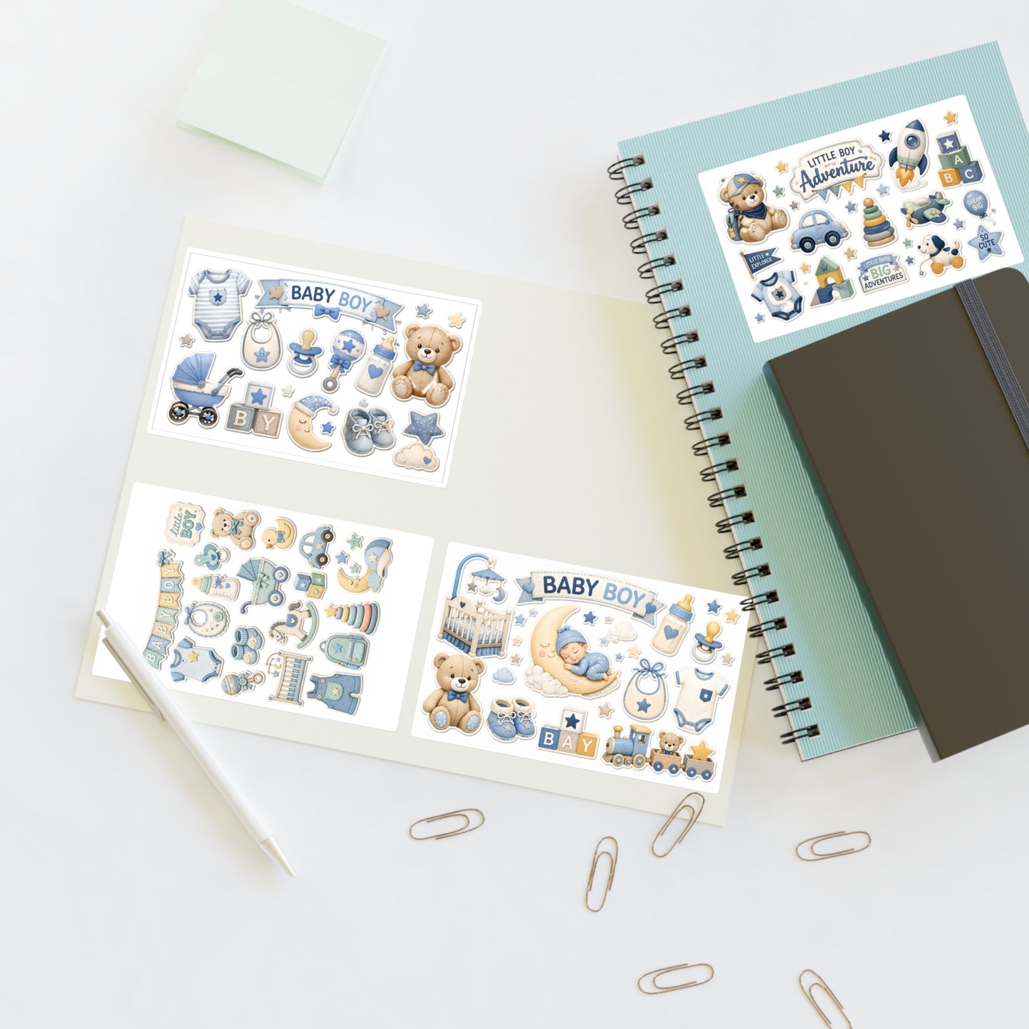 Baby Boy Sticker Sheets | Cute Nursery Icons & Teddy Bear Decals (4-Sheet Set)