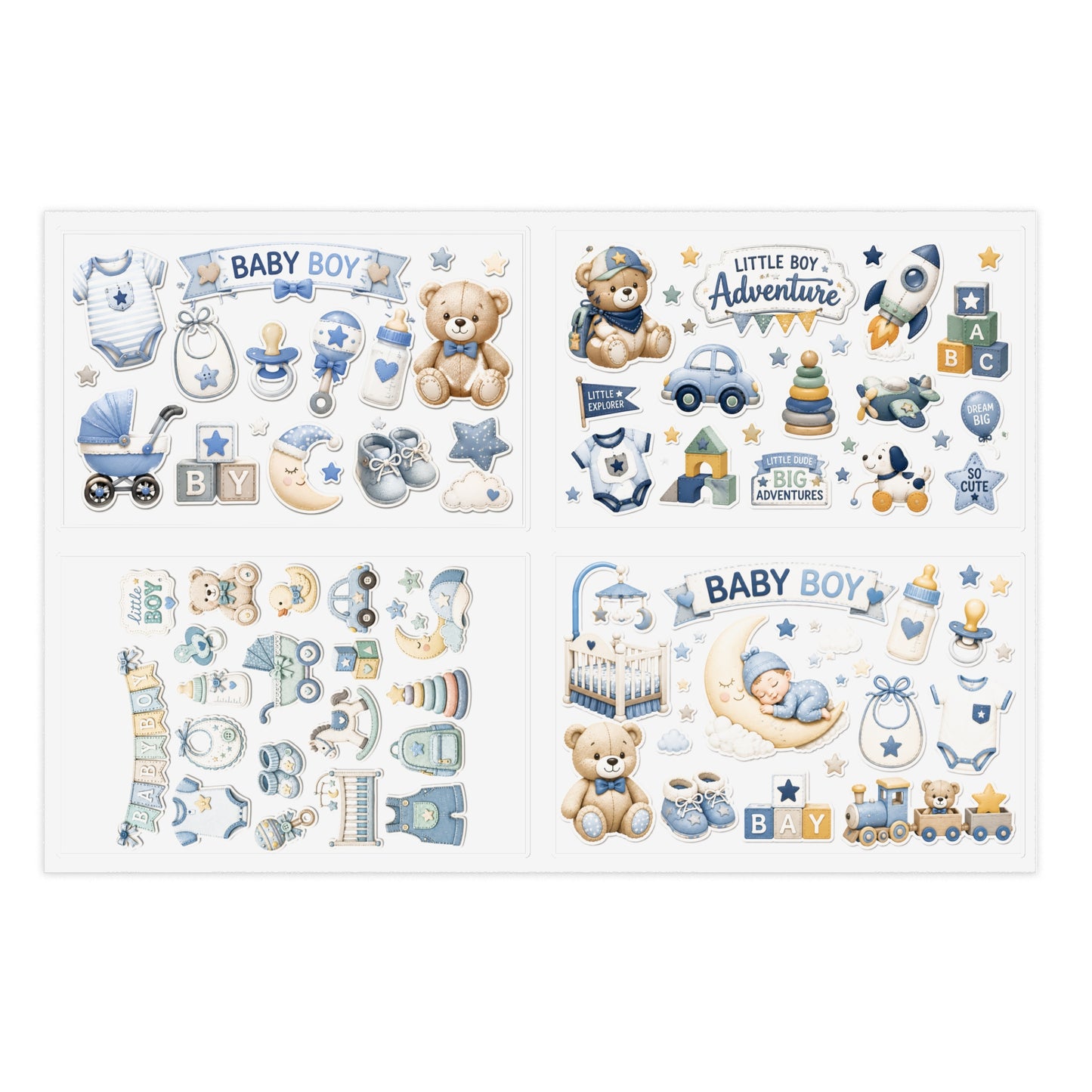 Baby Boy Sticker Sheets | Cute Nursery Icons & Teddy Bear Decals (4-Sheet Set)