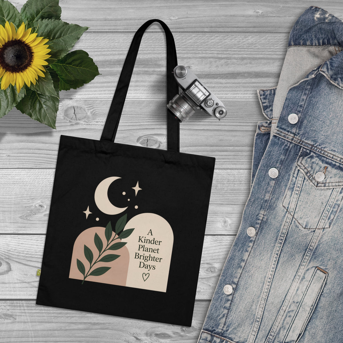 Eco Tote Bag — "A Kinder Planet Brighter Days" Moon & Leaf Design