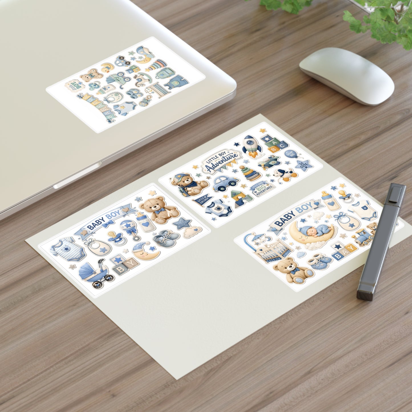 Baby Boy Sticker Sheets | Cute Nursery Icons & Teddy Bear Decals (4-Sheet Set)