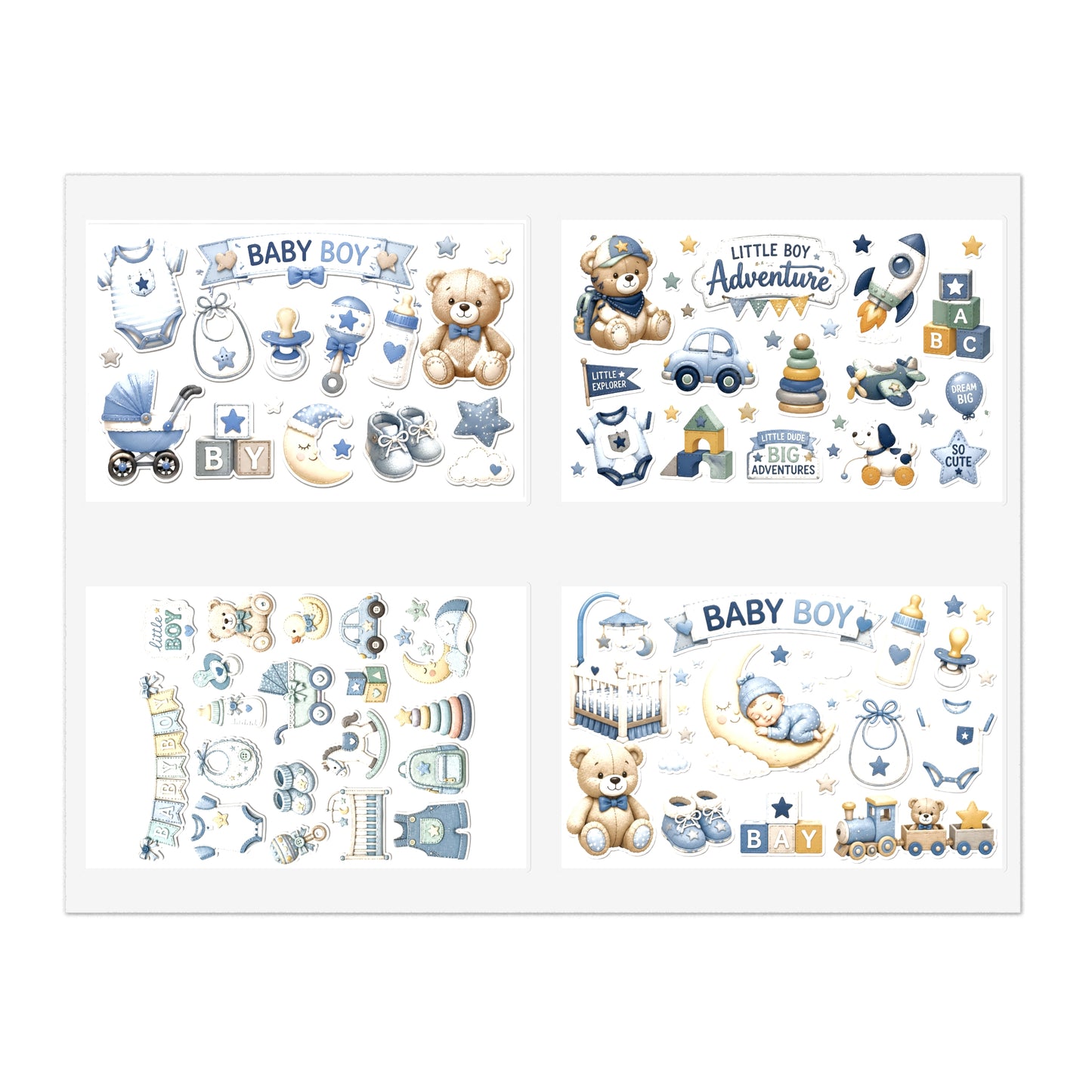 Baby Boy Sticker Sheets | Cute Nursery Icons & Teddy Bear Decals (4-Sheet Set)