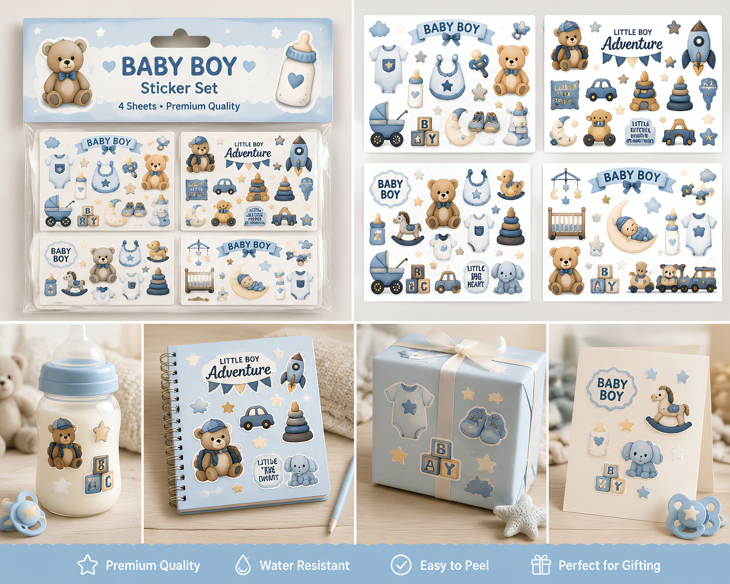 Baby Boy Sticker Sheets | Cute Nursery Icons & Teddy Bear Decals (4-Sheet Set)
