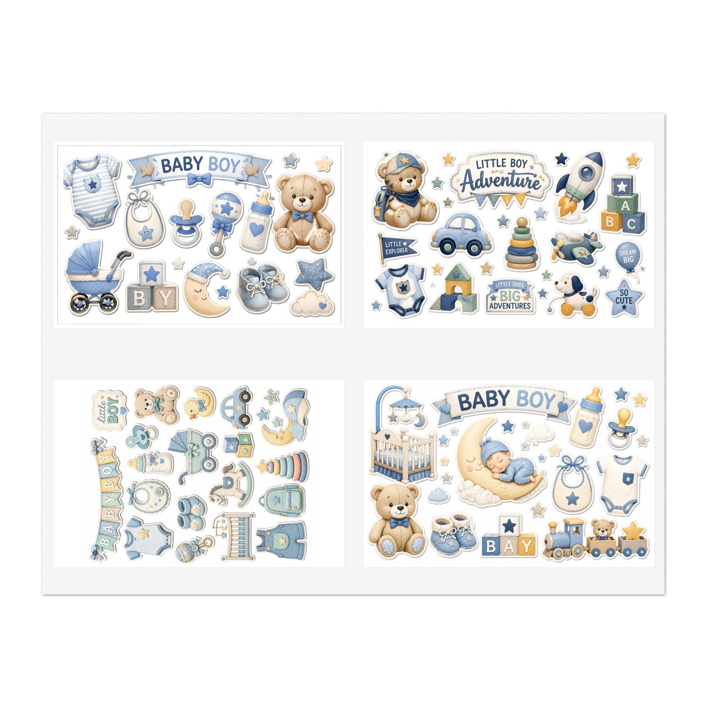 Baby Boy Sticker Sheets | Cute Nursery Icons & Teddy Bear Decals (4-Sheet Set)