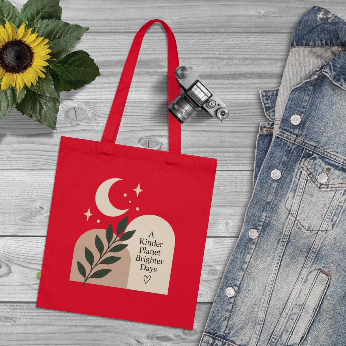 Eco Tote Bag — "A Kinder Planet Brighter Days" Moon & Leaf Design