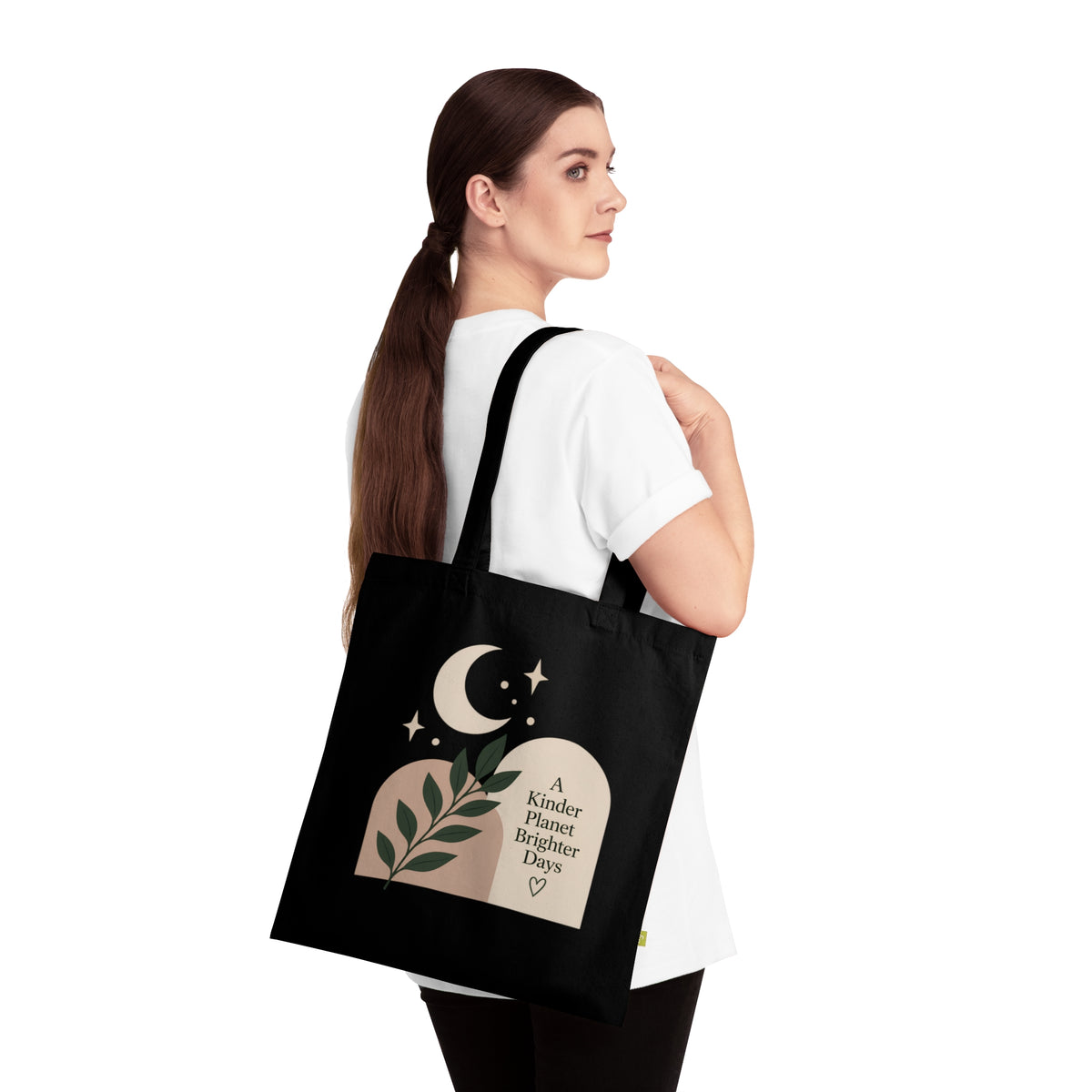 Eco Tote Bag — "A Kinder Planet Brighter Days" Moon & Leaf Design