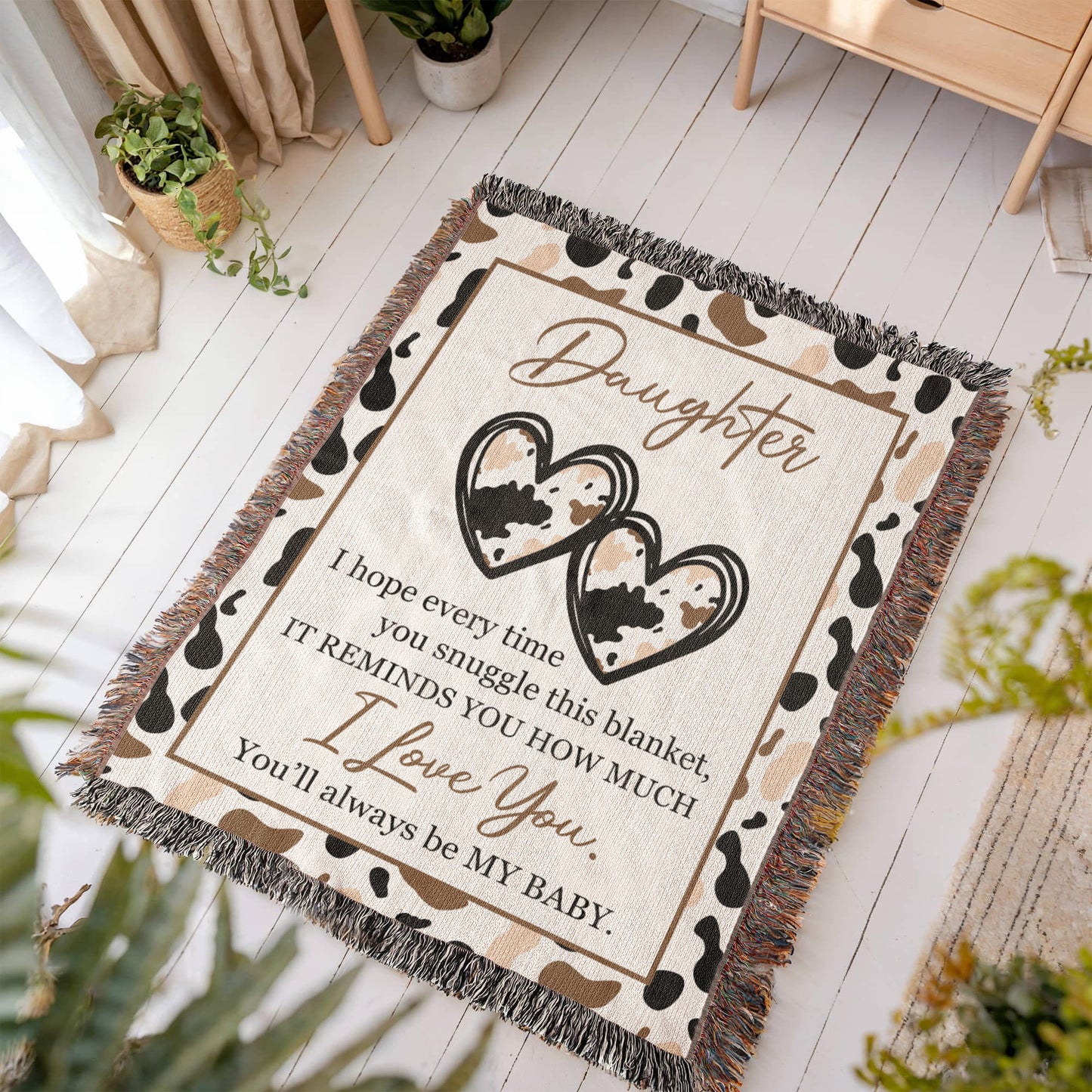 To My Daughter – Cow Print Blanket With Love You Message & Baby Heart Design