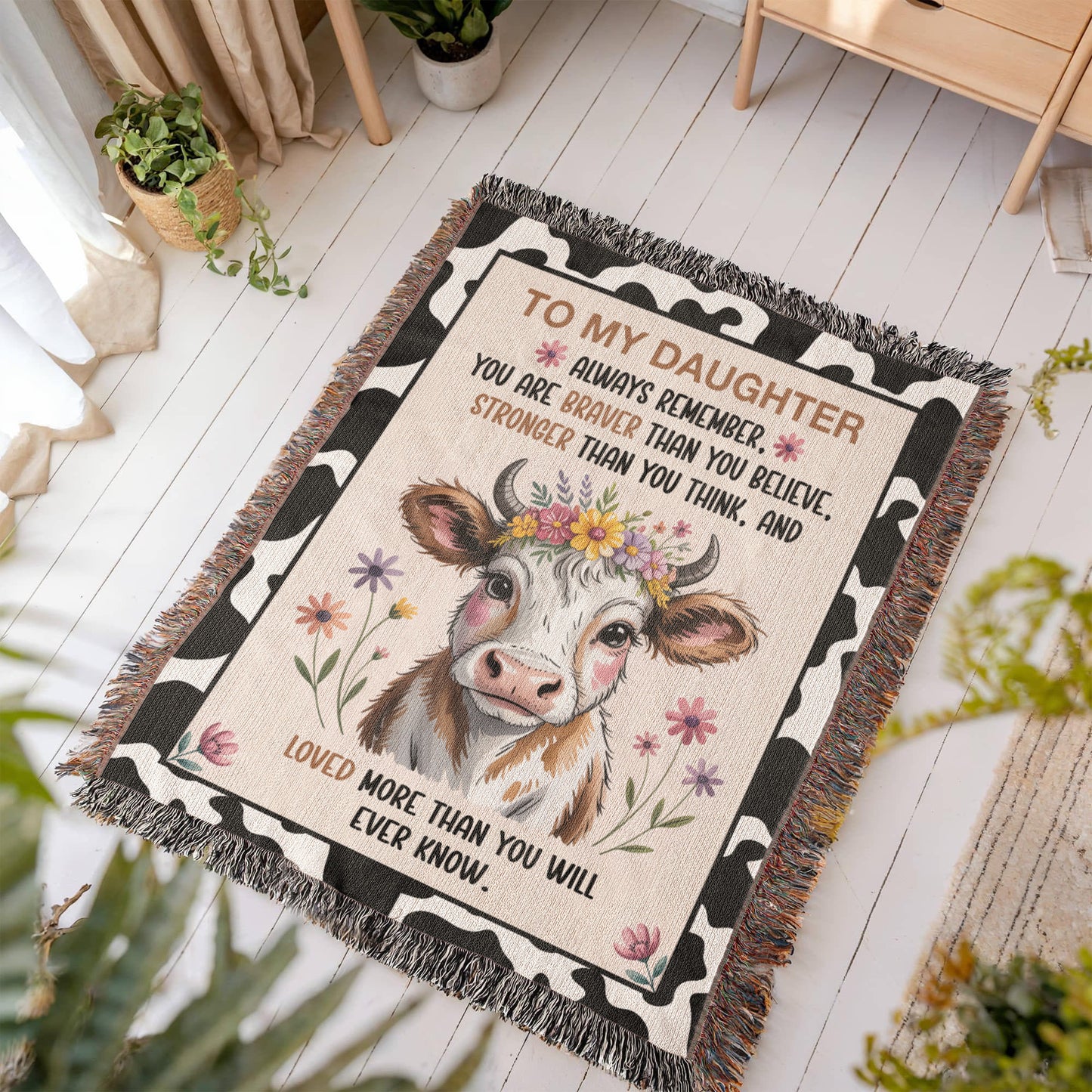 To My Daughter – “Braver, Stronger, More Loved Than You Know” Cow Blanket