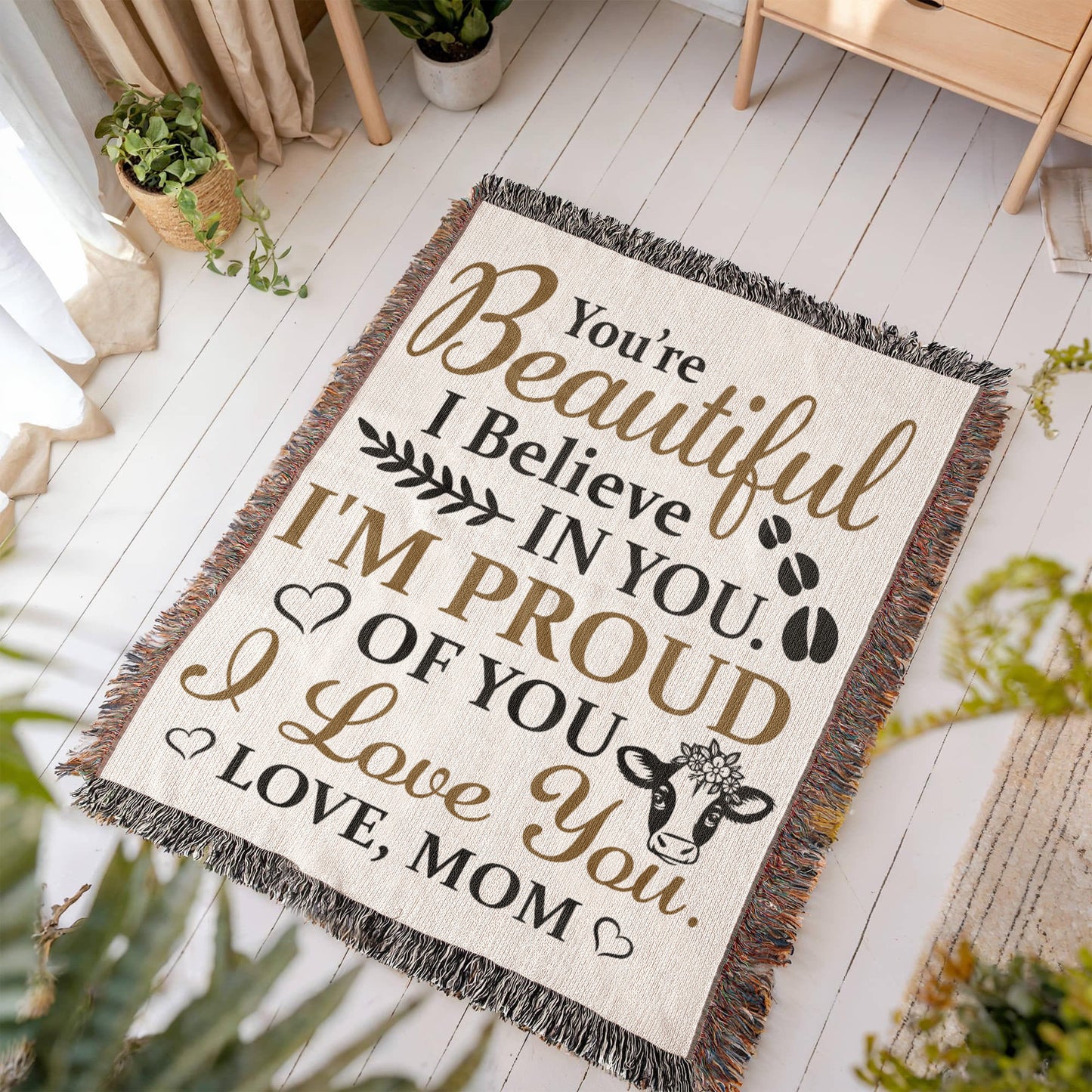 To My Beautiful Daughter – Cow Blanket With "I’m Proud of You" & "Love, Mom" Message