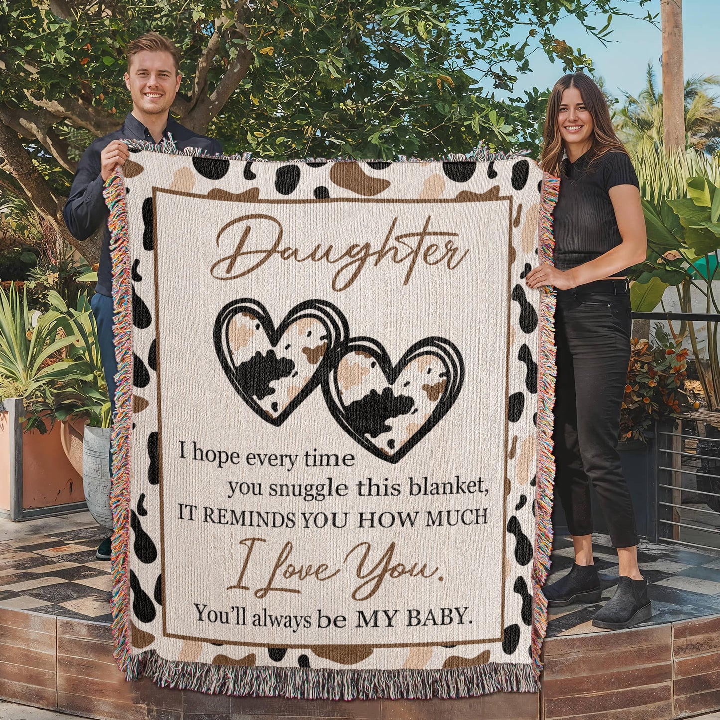 To My Daughter – Cow Print Blanket With Love You Message & Baby Heart Design