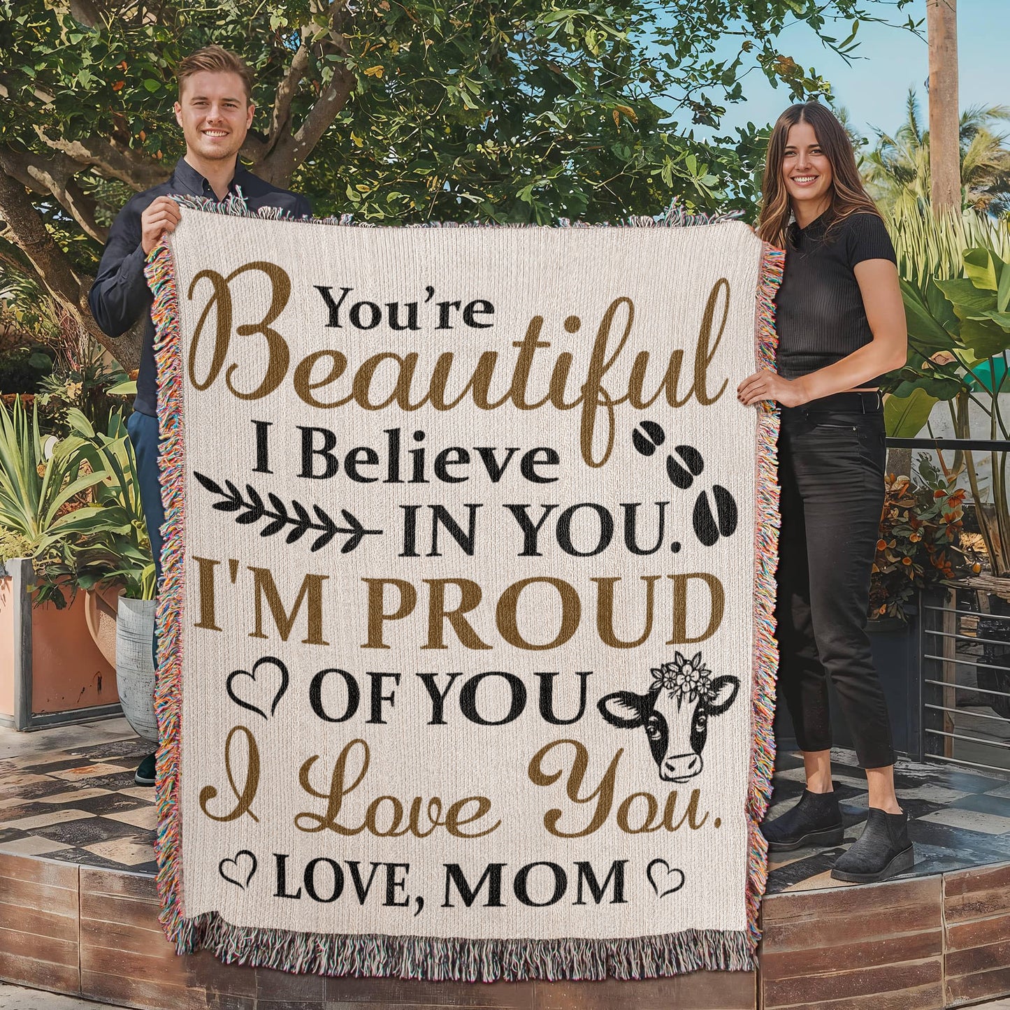 To My Beautiful Daughter – Cow Blanket With "I’m Proud of You" & "Love, Mom" Message