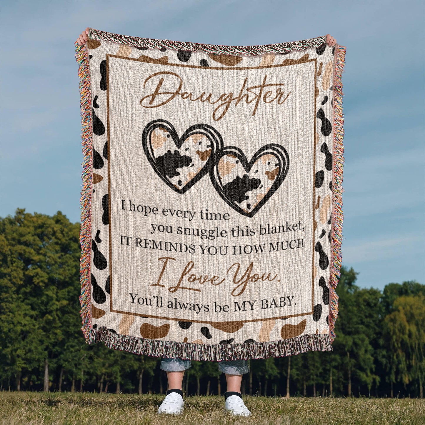 To My Daughter – Cow Print Blanket With Love You Message & Baby Heart Design