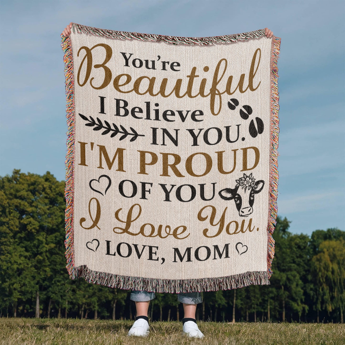 To My Beautiful Daughter – Cow Blanket With "I’m Proud of You" & "Love, Mom" Message