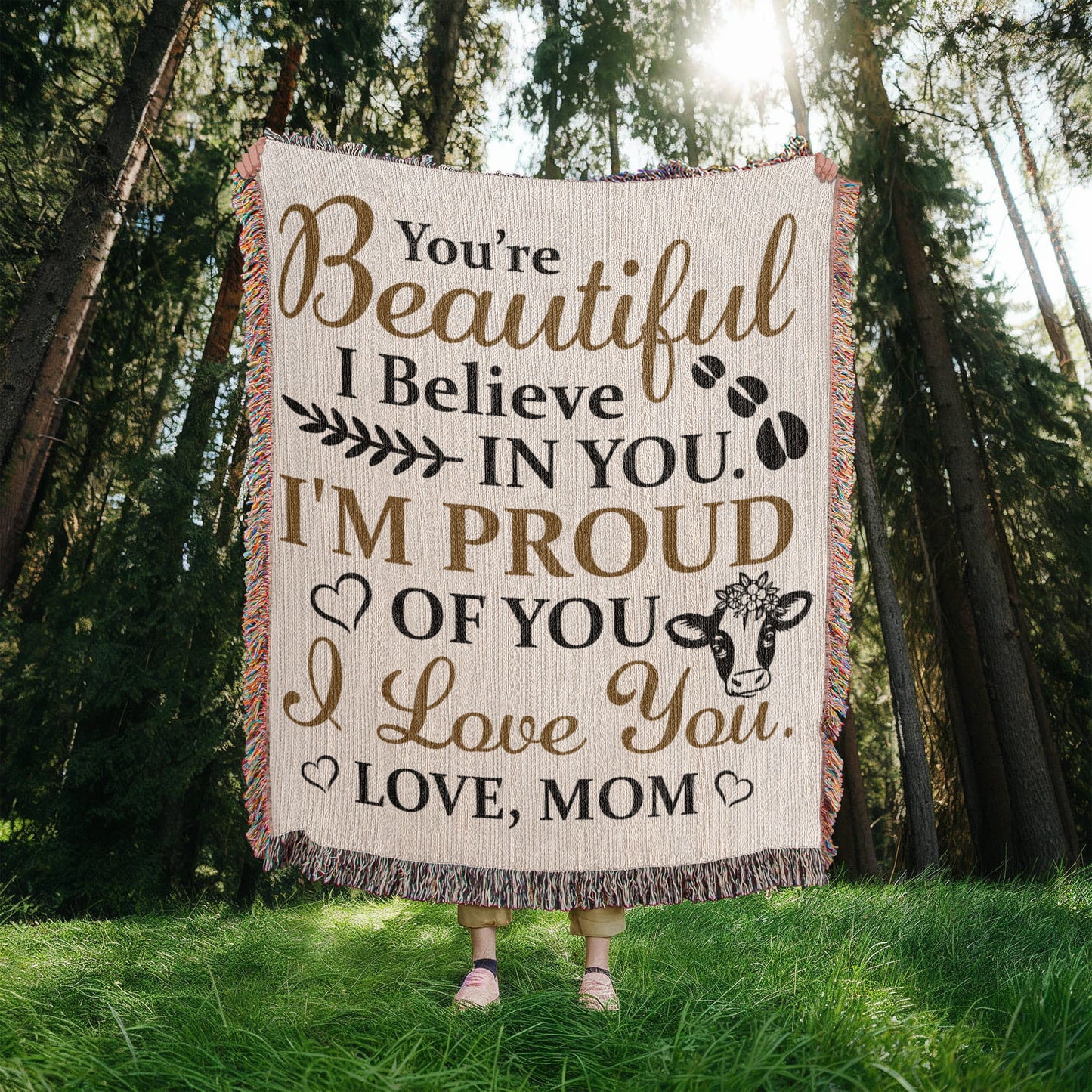 To My Beautiful Daughter – Cow Blanket With "I’m Proud of You" & "Love, Mom" Message