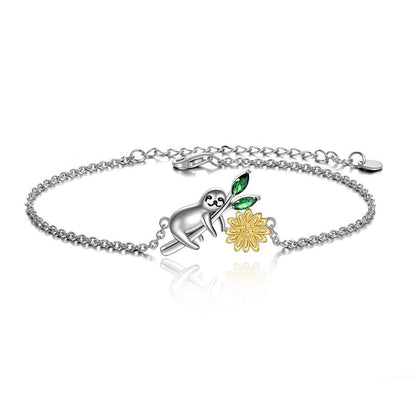 Sloth with Sunflower Bracelet 925 Sterling Silver Sloth Lovers Gifts Jewelry for Women