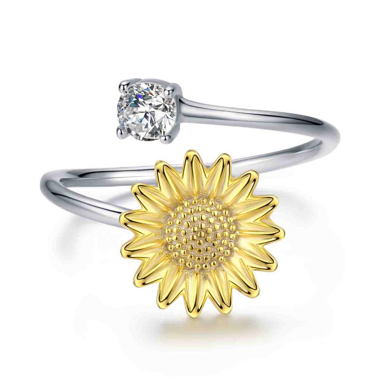 Sterling Silver Sunflower Gold Flower Open Band Stacking Finger Thumb Rings Jewelry