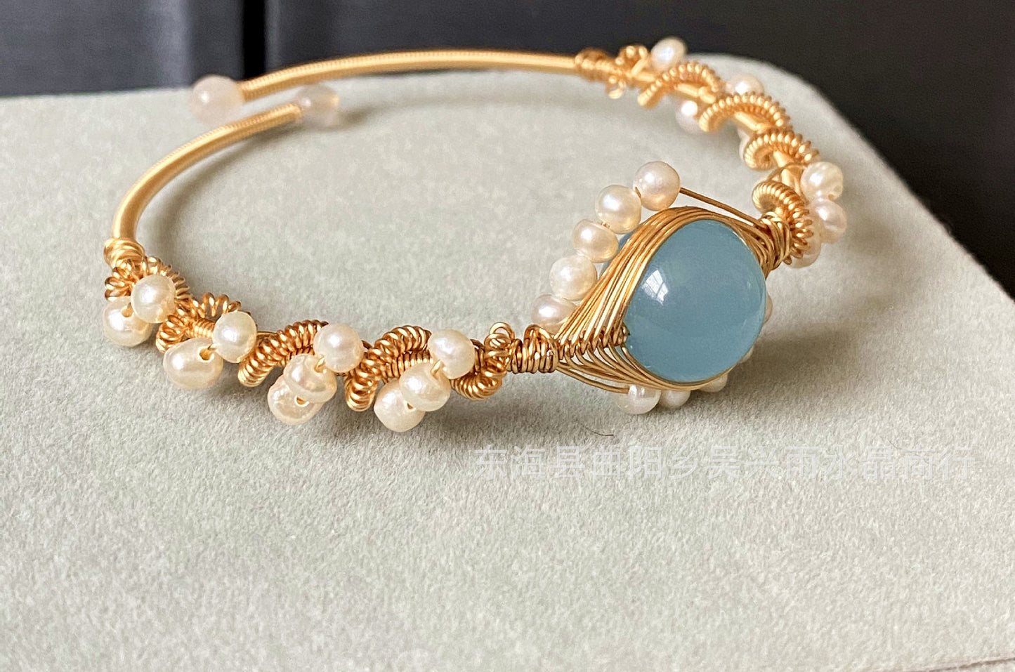 14K Gold Wrapped Handmade Bracelet Hailan Baohai Sapphire Natural White Pearl Bracelet