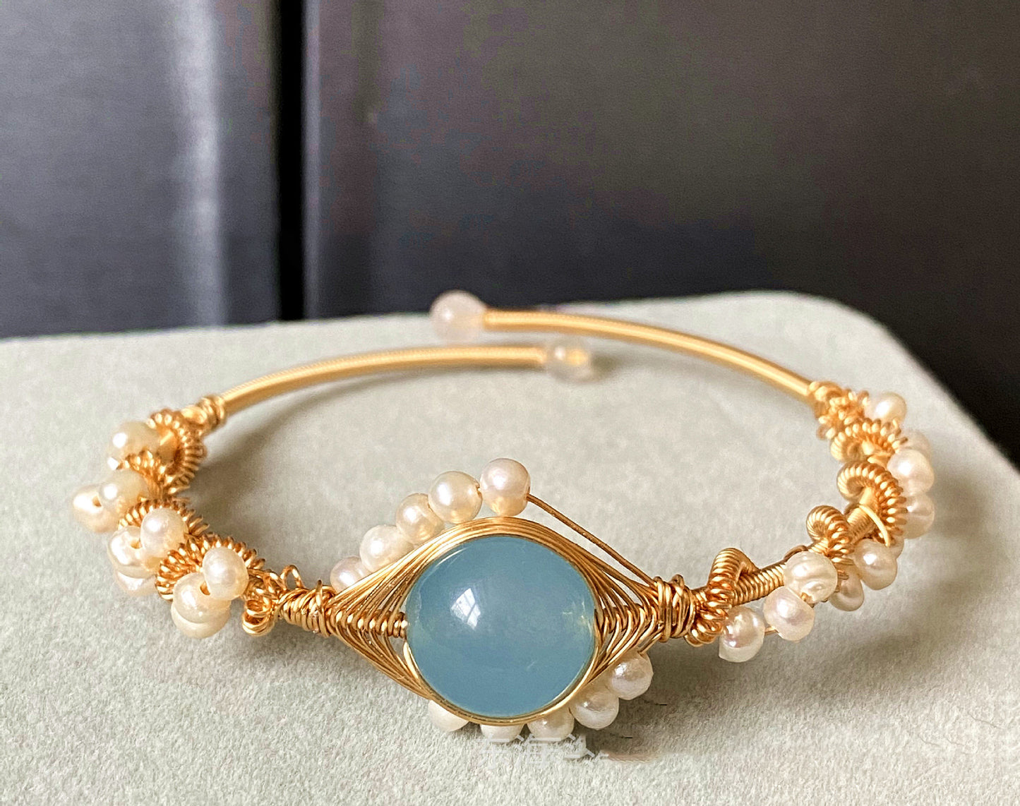 14K Gold Wrapped Handmade Bracelet Hailan Baohai Sapphire Natural White Pearl Bracelet