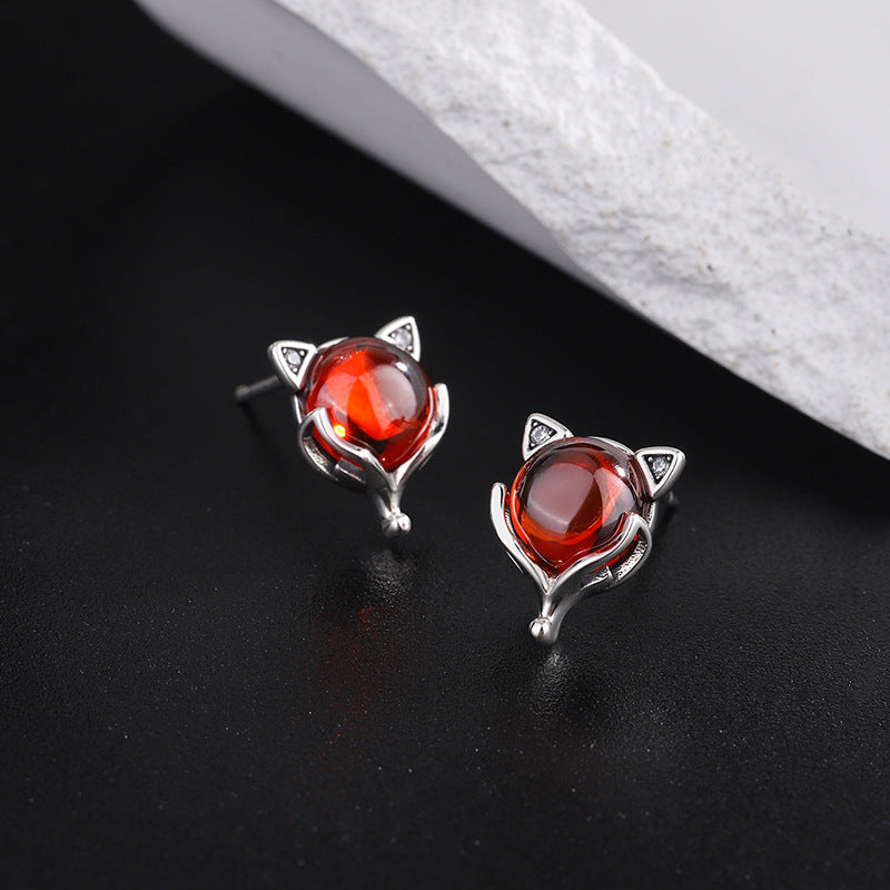 Sterling Silver Little Red Fox Garnet Creative Earrings